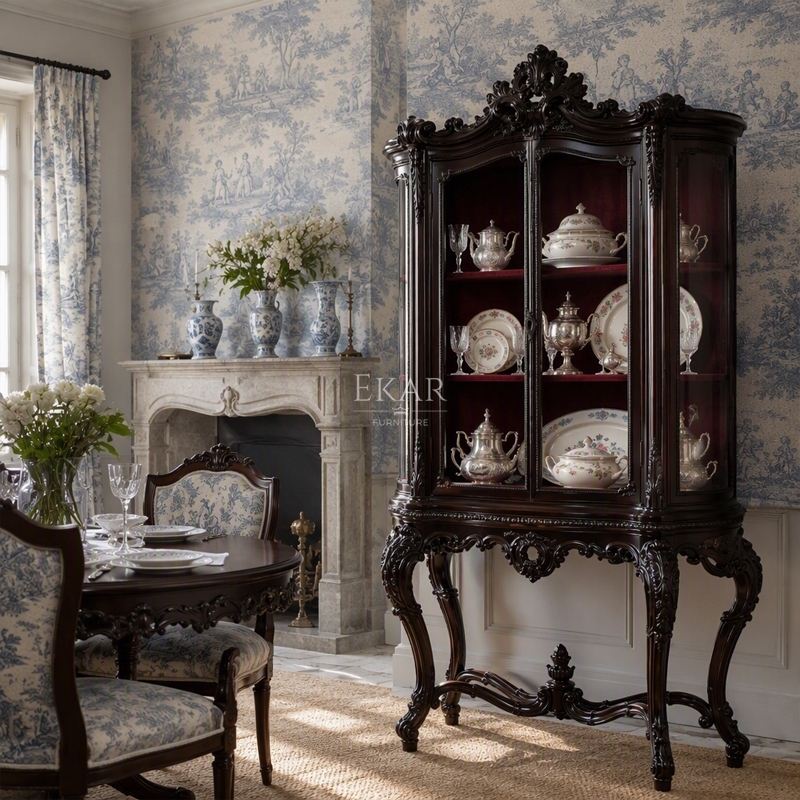 Versailles Rococo Shell-Crest Display Cabinet | Luxury French Classical Curved Vitrine Sideboard - EKAR,EKAR FURNITURE CO.,LTD,Versailles Rococo Shell-Crest Display Cabinet | Luxury French Classical Curved Vitrine Sideboard - EKAR,foshan furniture factory,custom Furniture factory,china furniture factory