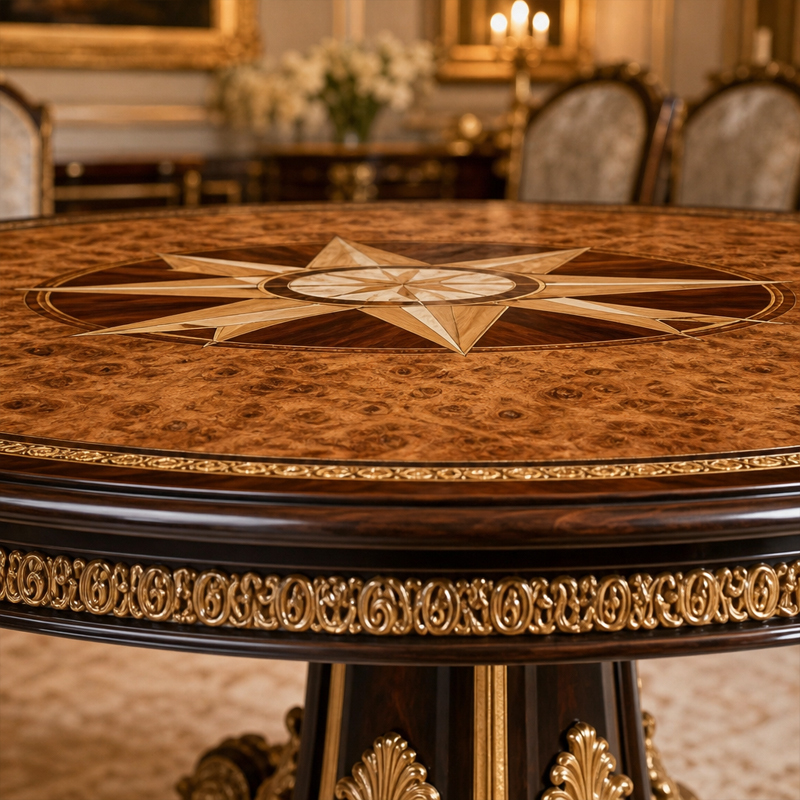 Empire Compass-Rose Round Dining Table | Luxury French Classical Burl & Gold Pedestal Table - EKAR,EKAR FURNITURE CO.,LTD,Empire Compass-Rose Round Dining Table | Luxury French Classical Burl & Gold Pedestal Table - EKAR,foshan furniture factory,custom Furniture factory,china furniture factory