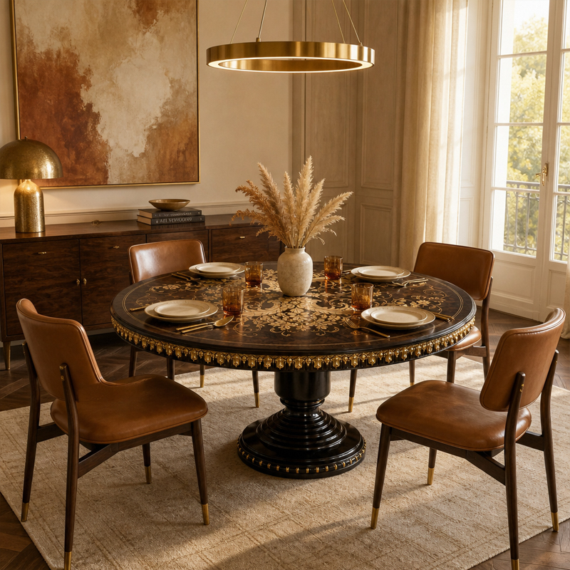 Aurelian Acanthus Marquetry Round Dining Table | Luxury French Neoclassical Gilded Pedestal Table - EKAR,EKAR FURNITURE CO.,LTD,Aurelian Acanthus Marquetry Round Dining Table | Luxury French Neoclassical Gilded Pedestal Table - EKAR,foshan furniture factory,custom Furniture factory,china furniture factory