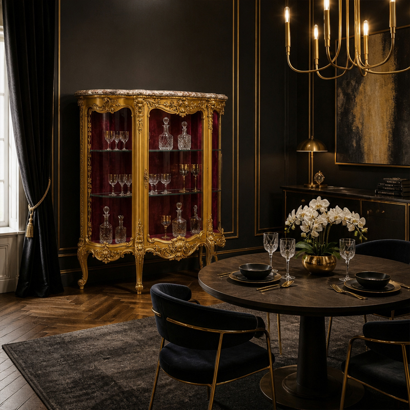 Chateau Tripartite Rococo Glass Vitrine | Luxury French Classical Gilt Marble-Top Display Cabinet - EKAR,MY SHOP,Chateau Tripartite Rococo Glass Vitrine | Luxury French Classical Gilt Marble-Top Display Cabinet - EKAR,foshan furniture factory,custom Furniture factory,china furniture factory