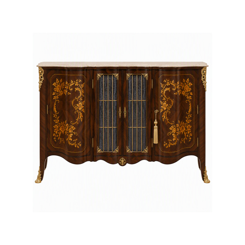 Fleur Dorée Marquetry Glass-Panel Sideboard | Luxury French Rococo Bowed Buffet with Marble Top - EKAR,EKAR FURNITURE CO.,LTD,Fleur Dorée Marquetry Glass-Panel Sideboard | Luxury French Rococo Bowed Buffet with Marble Top - EKAR,foshan furniture factory,custom Furniture factory,china furniture factory