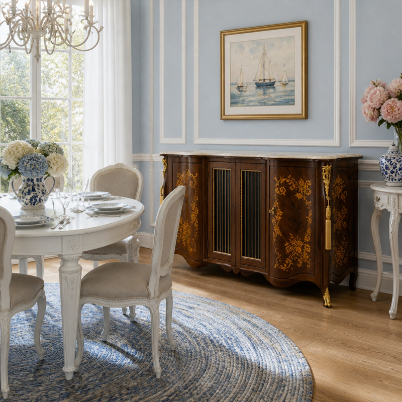 Fleur Dorée Marquetry Glass-Panel Sideboard | Luxury French Rococo Bowed Buffet with Marble Top - EKAR,EKAR FURNITURE CO.,LTD,Fleur Dorée Marquetry Glass-Panel Sideboard | Luxury French Rococo Bowed Buffet with Marble Top - EKAR,foshan furniture factory,custom Furniture factory,china furniture factory