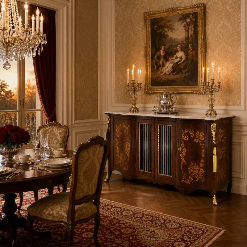 Fleur Dorée Marquetry Glass-Panel Sideboard | Luxury French Rococo Bowed Buffet with Marble Top - EKAR,EKAR FURNITURE CO.,LTD,Fleur Dorée Marquetry Glass-Panel Sideboard | Luxury French Rococo Bowed Buffet with Marble Top - EKAR,foshan furniture factory,custom Furniture factory,china furniture factory