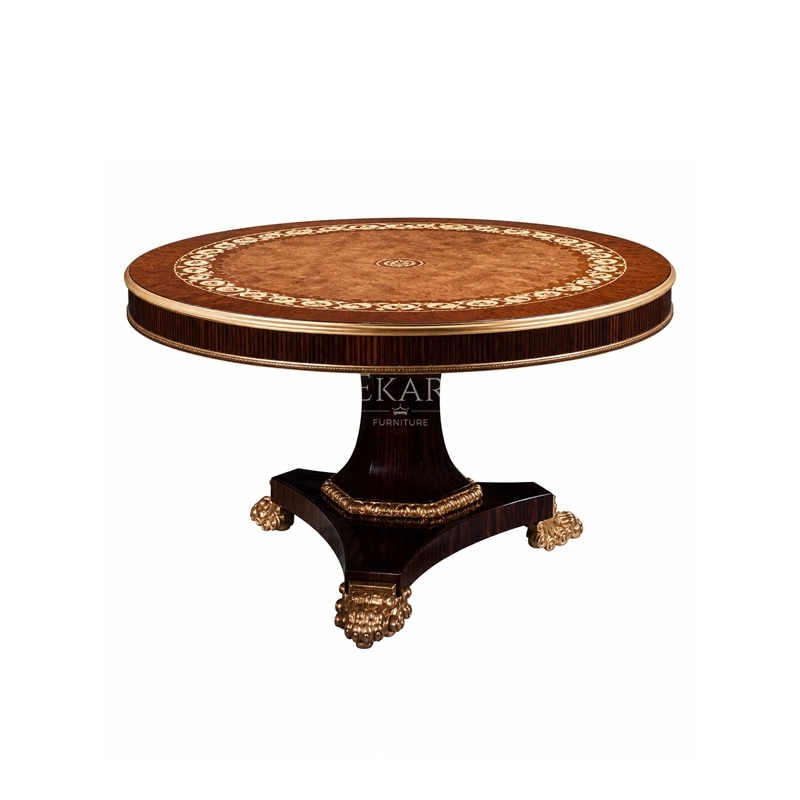 Aurelian Burl & Scroll Round Pedestal Dining Table | Luxury French Neoclassical Gilded Tripod Table - EKAR,EKAR FURNITURE CO.,LTD,Aurelian Burl & Scroll Round Pedestal Dining Table | Luxury French Neoclassical Gilded Tripod Table - EKAR,foshan furniture factory,custom Furniture factory,china furniture factory