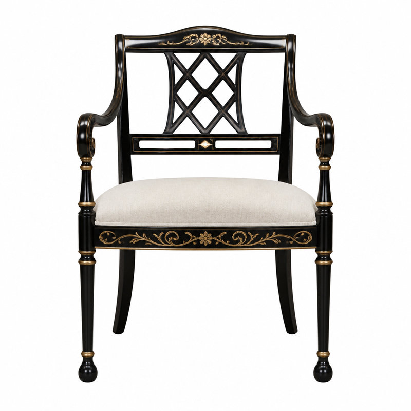 Ebony Filigree Lattice-Back Dining Armchair | Luxury Regency Black &amp; Gold Serpentine-Arm Seating - EKAR,EKAR FURNITURE CO.,LTD,Ebony Filigree Lattice-Back Dining Armchair | Luxury Regency Black &amp; Gold Serpentine-Arm Seating - EKAR,foshan furniture factory,custom Furniture factory,china furniture factory