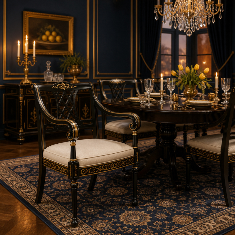 Ebony Filigree Lattice-Back Dining Armchair | Luxury Regency Black &amp; Gold Serpentine-Arm Seating - EKAR,EKAR FURNITURE CO.,LTD,Ebony Filigree Lattice-Back Dining Armchair | Luxury Regency Black &amp; Gold Serpentine-Arm Seating - EKAR,foshan furniture factory,custom Furniture factory,china furniture factory