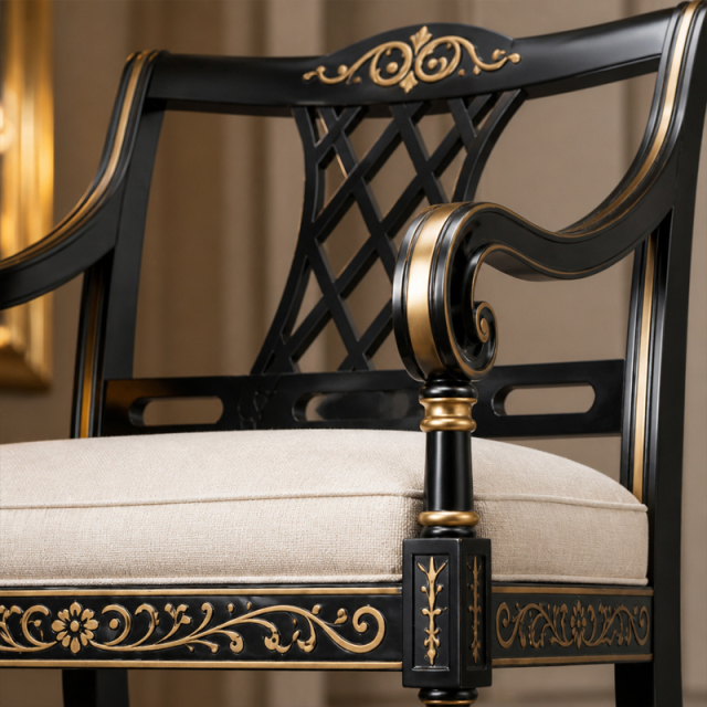 Ebony Filigree Lattice-Back Dining Armchair | Luxury Regency Black &amp; Gold Serpentine-Arm Seating - EKAR,EKAR FURNITURE CO.,LTD,Ebony Filigree Lattice-Back Dining Armchair | Luxury Regency Black &amp; Gold Serpentine-Arm Seating - EKAR,foshan furniture factory,custom Furniture factory,china furniture factory