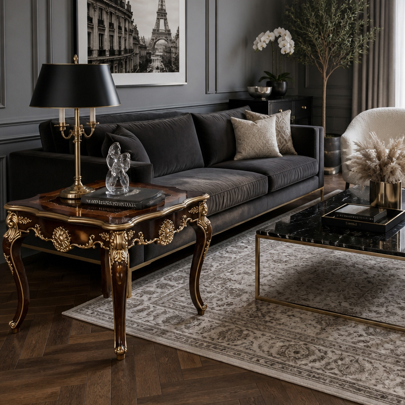 Fleuron Radiance Serpentine End Table | Luxury Rococo Marquetry Side Table with Gilded Apron - EKAR,EKAR FURNITURE CO.,LTD,Fleuron Radiance Serpentine End Table | Luxury Rococo Marquetry Side Table with Gilded Apron - EKAR,foshan furniture factory,custom Furniture factory,china furniture factory
