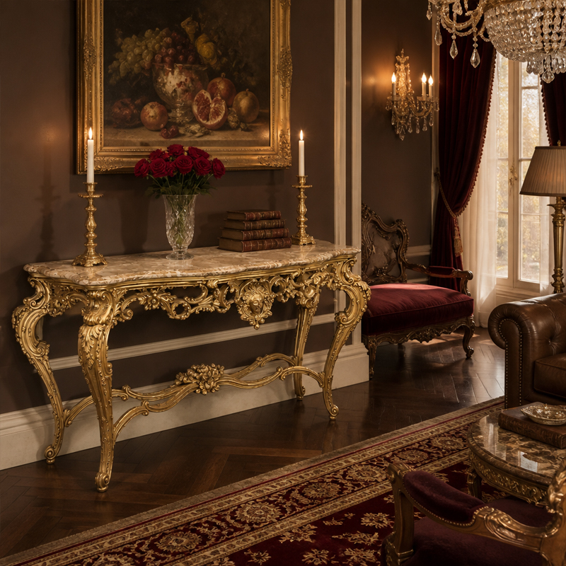 Mascarade Dorée Marble-Top Console Table | Luxury Rococo Gilded Entry Table with Mascaron Carving - EKAR,EKAR FURNITURE CO.,LTD,Mascarade Dorée Marble-Top Console Table | Luxury Rococo Gilded Entry Table with Mascaron Carving - EKAR,foshan furniture factory,custom Furniture factory,china furniture factory
