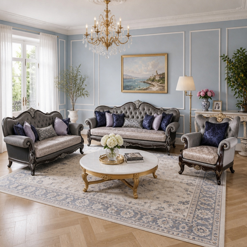 Ciel d'Argent Triple-Arched Tufted Sofa | Luxury Neoclassical Silver-Grey Sofa with Gold Crest - EKAR,EKAR FURNITURE CO.,LTD,Ciel d'Argent Triple-Arched Tufted Sofa | Luxury Neoclassical Silver-Grey Sofa with Gold Crest - EKAR,foshan furniture factory,custom Furniture factory,china furniture factory