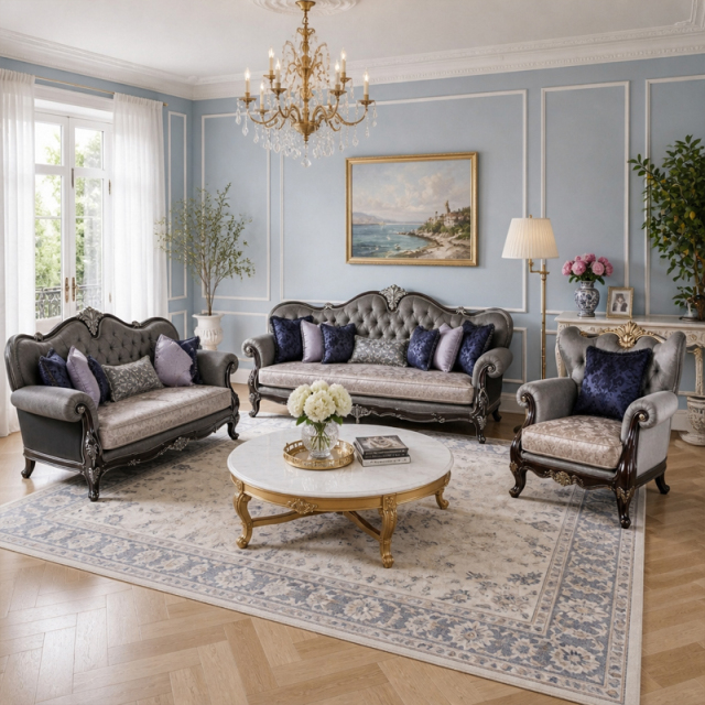 Ciel d'Argent Triple-Arched Tufted Sofa | Luxury Neoclassical Silver-Grey Sofa with Gold Crest - EKAR,EKAR FURNITURE CO.,LTD,Ciel d'Argent Triple-Arched Tufted Sofa | Luxury Neoclassical Silver-Grey Sofa with Gold Crest - EKAR,foshan furniture factory,custom Furniture factory,china furniture factory
