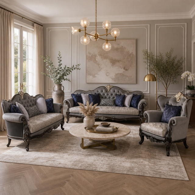 Ciel d'Argent Triple-Arched Tufted Sofa | Luxury Neoclassical Silver-Grey Sofa with Gold Crest - EKAR,EKAR FURNITURE CO.,LTD,Ciel d'Argent Triple-Arched Tufted Sofa | Luxury Neoclassical Silver-Grey Sofa with Gold Crest - EKAR,foshan furniture factory,custom Furniture factory,china furniture factory