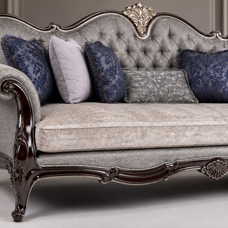 Ciel d'Argent Triple-Arched Tufted Sofa | Luxury Neoclassical Silver-Grey Sofa with Gold Crest - EKAR,EKAR FURNITURE CO.,LTD,Ciel d'Argent Triple-Arched Tufted Sofa | Luxury Neoclassical Silver-Grey Sofa with Gold Crest - EKAR,foshan furniture factory,custom Furniture factory,china furniture factory