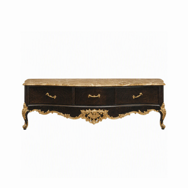 Rocaille Noir Gilded Three-Drawer Media Console | Luxury Baroque Bow-Front TV Cabinet with Marble Top,EKAR FURNITURE CO.,LTD,Rocaille Noir Gilded Three-Drawer Media Console | Luxury Baroque Bow-Front TV Cabinet with Marble Top,foshan furniture factory,custom Furniture factory,china furniture factory
