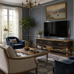 Rocaille Noir Gilded Three-Drawer Media Console | Luxury Baroque Bow-Front TV Cabinet with Marble Top,EKAR FURNITURE CO.,LTD,Rocaille Noir Gilded Three-Drawer Media Console | Luxury Baroque Bow-Front TV Cabinet with Marble Top,foshan furniture factory,custom Furniture factory,china furniture factory