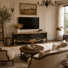 Rocaille Noir Gilded Three-Drawer Media Console | Luxury Baroque Bow-Front TV Cabinet with Marble Top,EKAR FURNITURE CO.,LTD,Rocaille Noir Gilded Three-Drawer Media Console | Luxury Baroque Bow-Front TV Cabinet with Marble Top,foshan furniture factory,custom Furniture factory,china furniture factory