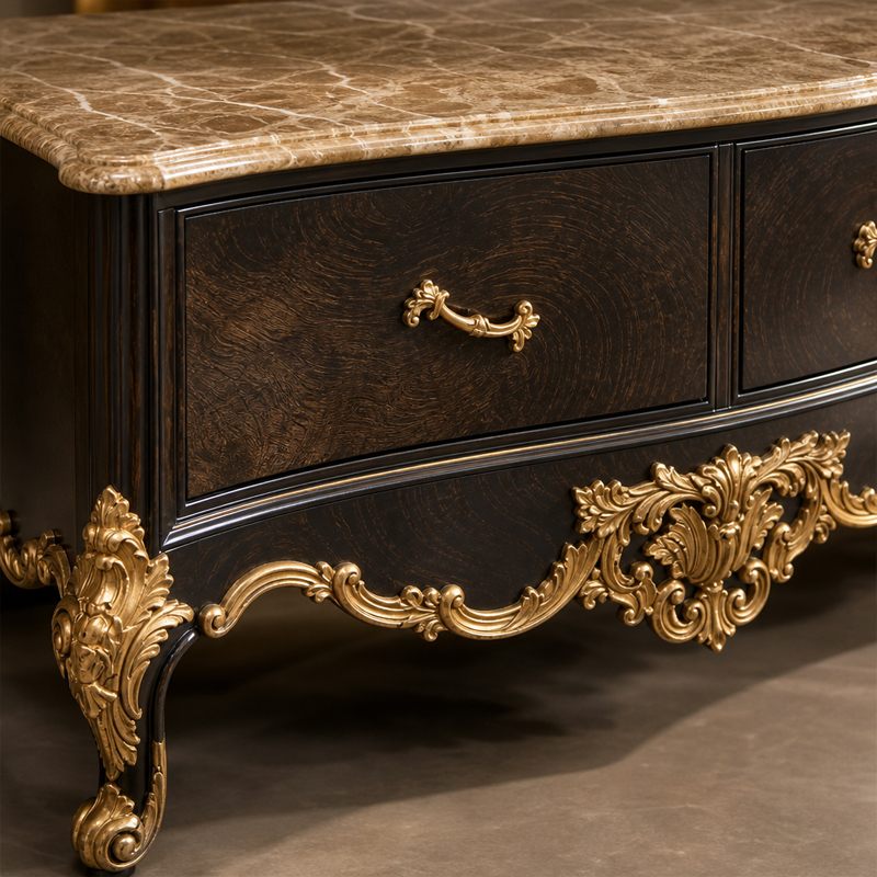 Rocaille Noir Gilded Three-Drawer Media Console | Luxury Baroque Bow-Front TV Cabinet with Marble Top,EKAR FURNITURE CO.,LTD,Rocaille Noir Gilded Three-Drawer Media Console | Luxury Baroque Bow-Front TV Cabinet with Marble Top,foshan furniture factory,custom Furniture factory,china furniture factory