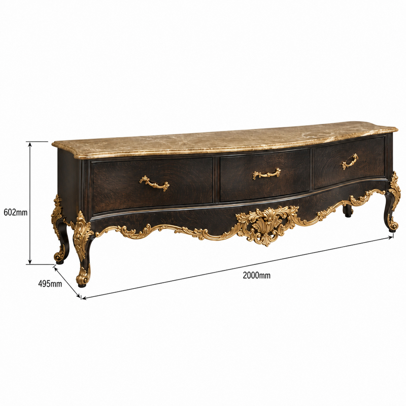 Rocaille Noir Gilded Three-Drawer Media Console | Luxury Baroque Bow-Front TV Cabinet with Marble Top,EKAR FURNITURE CO.,LTD,Rocaille Noir Gilded Three-Drawer Media Console | Luxury Baroque Bow-Front TV Cabinet with Marble Top,foshan furniture factory,custom Furniture factory,china furniture factory
