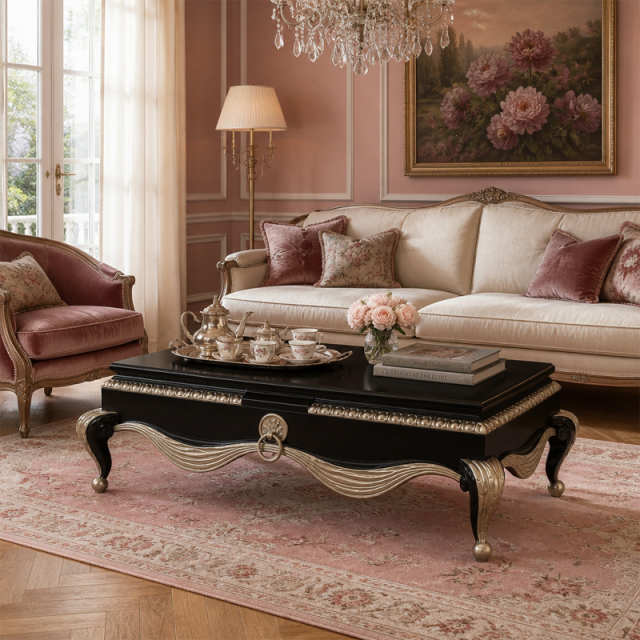 Noir Argent Draped Swag Coffee Table | Luxury Neoclassical Black &amp; Silver Table with Ring Pull - EKAR,EKAR FURNITURE CO.,LTD,Noir Argent Draped Swag Coffee Table | Luxury Neoclassical Black &amp; Silver Table with Ring Pull - EKAR,foshan furniture factory,custom Furniture factory,china furniture factory