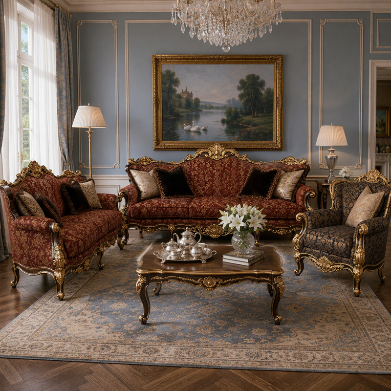 Tresor Burgundy Damask Camel-Back Sofa | Luxury Rococo Gold-Carved Three-Seater Sofa - EKAR FURNITURE,EKAR FURNITURE CO.,LTD,Tresor Burgundy Damask Camel-Back Sofa | Luxury Rococo Gold-Carved Three-Seater Sofa - EKAR FURNITURE,foshan furniture factory,custom Furniture factory,china furniture factory