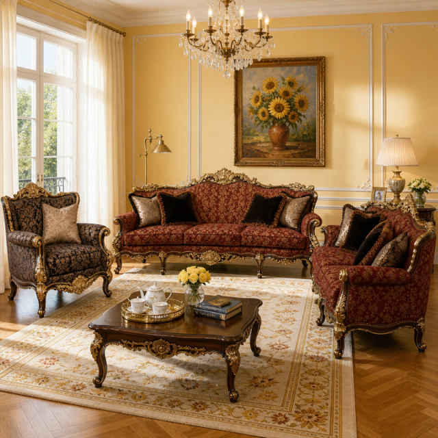 Tresor Burgundy Damask Camel-Back Sofa | Luxury Rococo Gold-Carved Three-Seater Sofa - EKAR FURNITURE,EKAR FURNITURE CO.,LTD,Tresor Burgundy Damask Camel-Back Sofa | Luxury Rococo Gold-Carved Three-Seater Sofa - EKAR FURNITURE,foshan furniture factory,custom Furniture factory,china furniture factory
