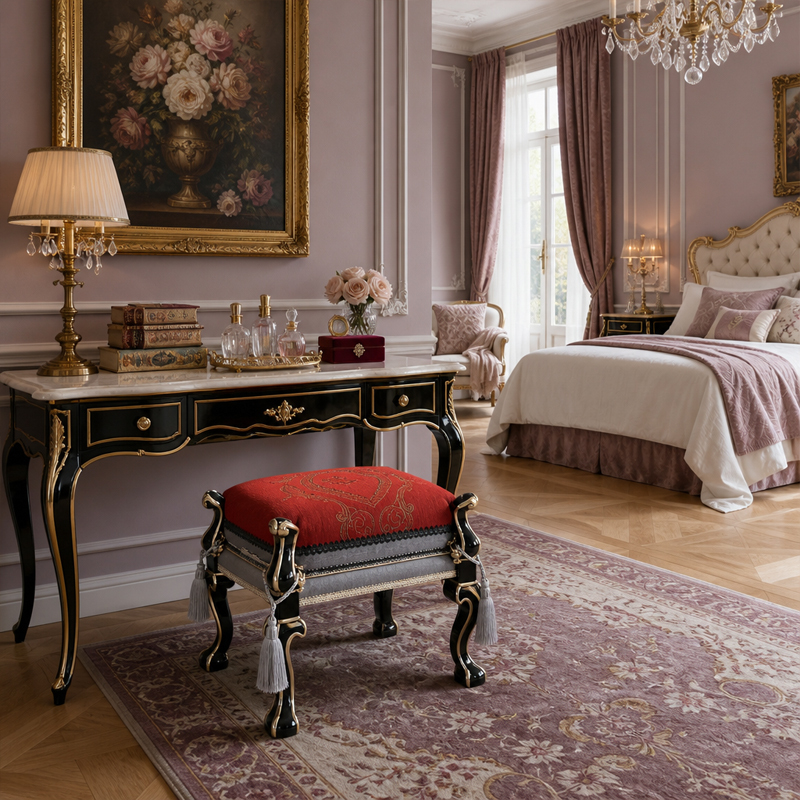 Rouge Tassel Vanity Bench | Luxury French Classical Grooming Stool with Red Brocade Cushion - EKAR,EKAR FURNITURE CO.,LTD,Rouge Tassel Vanity Bench | Luxury French Classical Grooming Stool with Red Brocade Cushion - EKAR,foshan furniture factory,custom Furniture factory,china furniture factory