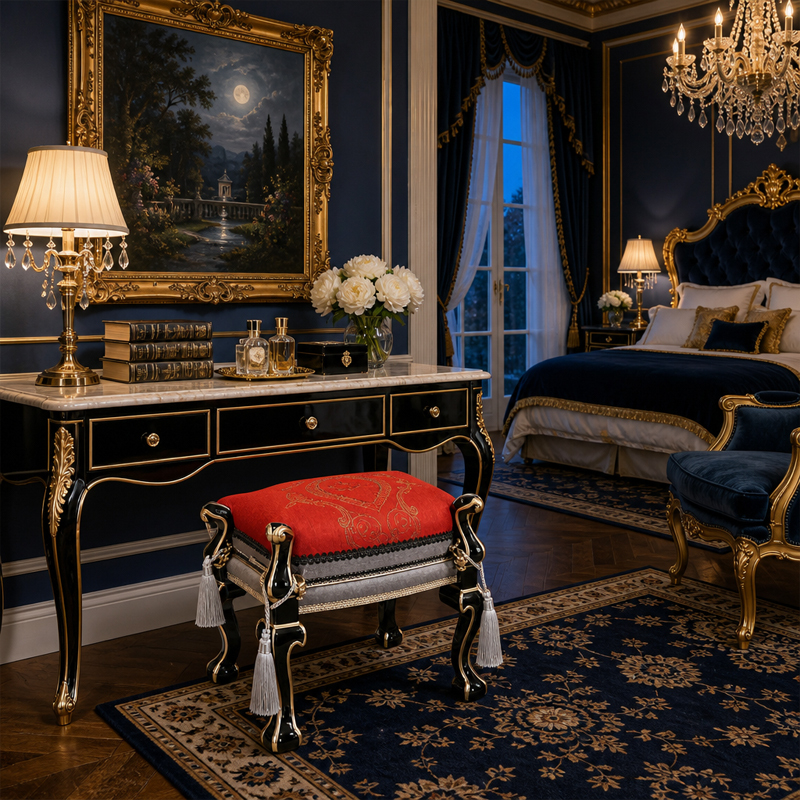 Rouge Tassel Vanity Bench | Luxury French Classical Grooming Stool with Red Brocade Cushion - EKAR,EKAR FURNITURE CO.,LTD,Rouge Tassel Vanity Bench | Luxury French Classical Grooming Stool with Red Brocade Cushion - EKAR,foshan furniture factory,custom Furniture factory,china furniture factory