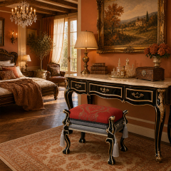 Rouge Tassel Vanity Bench | Luxury French Classical Grooming Stool with Red Brocade Cushion - EKAR,EKAR FURNITURE CO.,LTD,Rouge Tassel Vanity Bench | Luxury French Classical Grooming Stool with Red Brocade Cushion - EKAR,foshan furniture factory,custom Furniture factory,china furniture factory