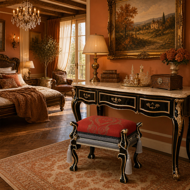 Rouge Tassel Vanity Bench | Luxury French Classical Grooming Stool with Red Brocade Cushion - EKAR,EKAR FURNITURE CO.,LTD,Rouge Tassel Vanity Bench | Luxury French Classical Grooming Stool with Red Brocade Cushion - EKAR,foshan furniture factory,custom Furniture factory,china furniture factory
