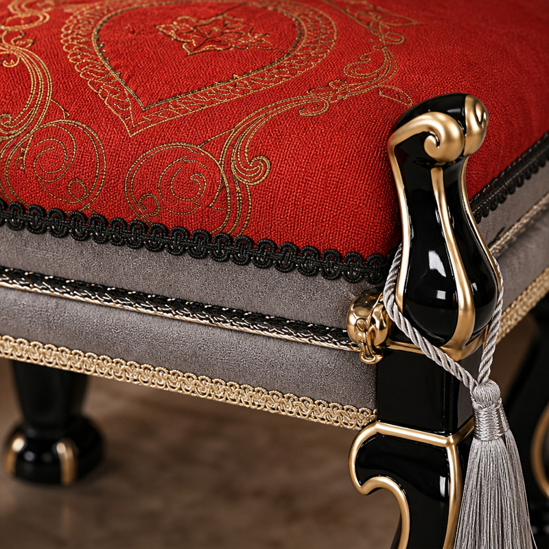 Rouge Tassel Vanity Bench | Luxury French Classical Grooming Stool with Red Brocade Cushion - EKAR,EKAR FURNITURE CO.,LTD,Rouge Tassel Vanity Bench | Luxury French Classical Grooming Stool with Red Brocade Cushion - EKAR,foshan furniture factory,custom Furniture factory,china furniture factory