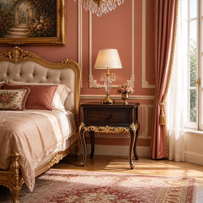 Heritage Walnut Gilded Drawer Nightstand | Luxury French Classical Bedside Table with Carved Apron - EKAR,MY SHOP,Heritage Walnut Gilded Drawer Nightstand | Luxury French Classical Bedside Table with Carved Apron - EKAR,foshan furniture factory,custom Furniture factory,china furniture factory
