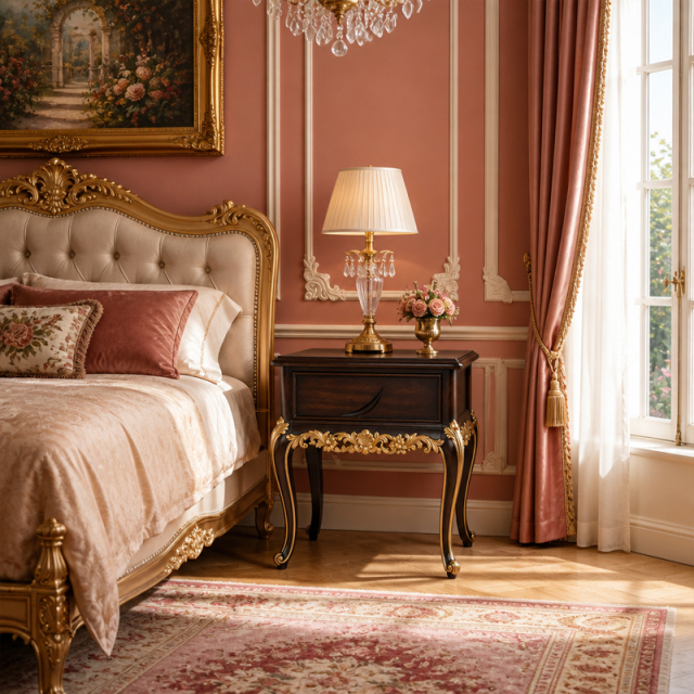 Heritage Walnut Gilded Drawer Nightstand | Luxury French Classical Bedside Table with Carved Apron - EKAR,MY SHOP,Heritage Walnut Gilded Drawer Nightstand | Luxury French Classical Bedside Table with Carved Apron - EKAR,foshan furniture factory,custom Furniture factory,china furniture factory
