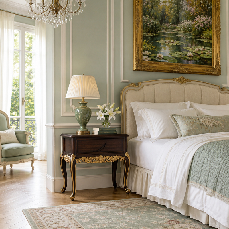 Heritage Walnut Gilded Drawer Nightstand | Luxury French Classical Bedside Table with Carved Apron - EKAR,MY SHOP,Heritage Walnut Gilded Drawer Nightstand | Luxury French Classical Bedside Table with Carved Apron - EKAR,foshan furniture factory,custom Furniture factory,china furniture factory