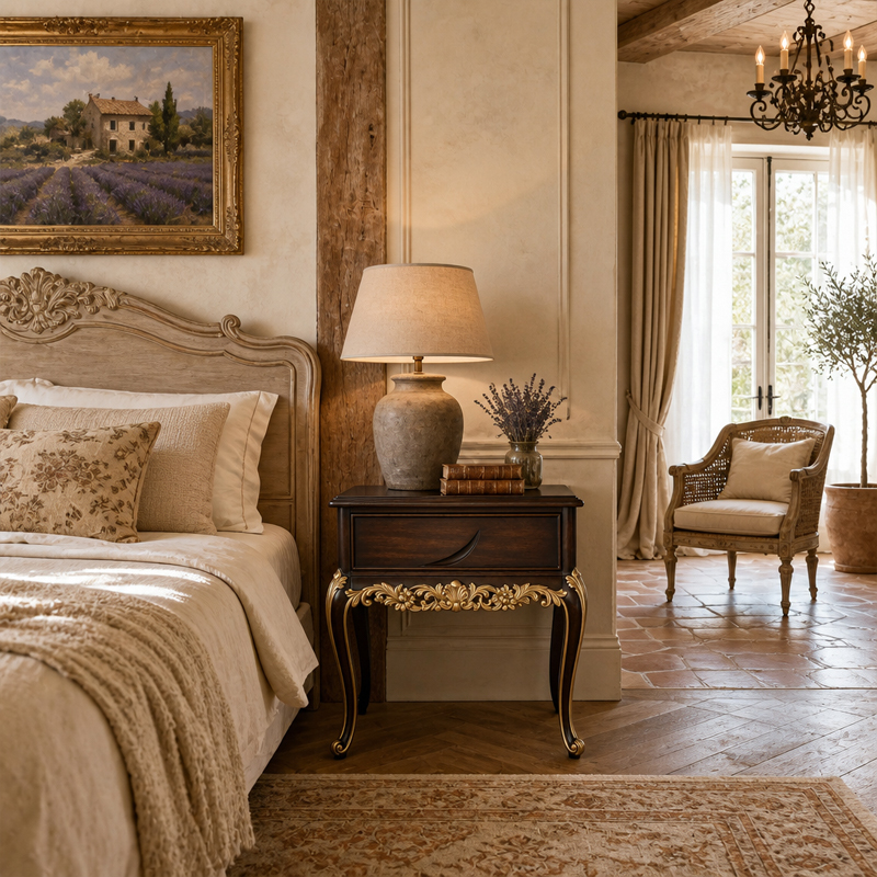 Heritage Walnut Gilded Drawer Nightstand | Luxury French Classical Bedside Table with Carved Apron - EKAR,MY SHOP,Heritage Walnut Gilded Drawer Nightstand | Luxury French Classical Bedside Table with Carved Apron - EKAR,foshan furniture factory,custom Furniture factory,china furniture factory
