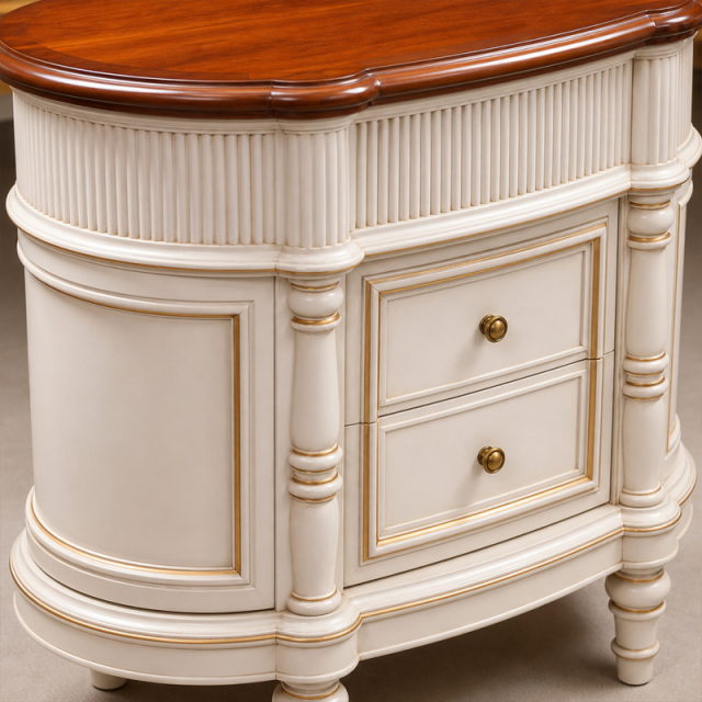 Vera Demi-Lune Reeded Ivory Nightstand | French Classical Curved Bedside Table with Cherry Top - EKAR,EKAR FURNITURE CO.,LTD,Vera Demi-Lune Reeded Ivory Nightstand | French Classical Curved Bedside Table with Cherry Top - EKAR,foshan furniture factory,custom Furniture factory,china furniture factory