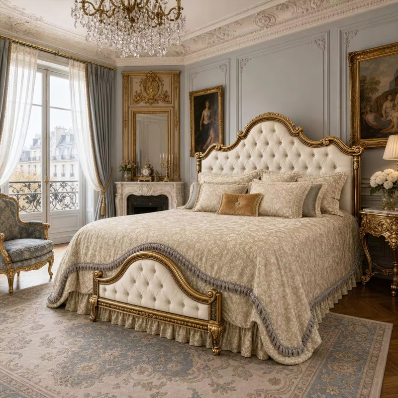 Regence Tufted Footboard Gilt Bed | French Classical Upholstered Bed with Matching Carved Headboard-EKAR,EKAR FURNITURE CO.,LTD,Regence Tufted Footboard Gilt Bed | French Classical Upholstered Bed with Matching Carved Headboard-EKAR,foshan furniture factory,custom Furniture factory,china furniture factory