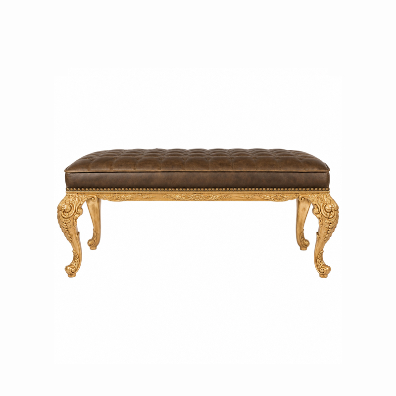 Valmont Gilt Tufted Leather Bed Bench | French Classical Bed-End Bench with Carved Acanthus Legs - EKAR,MY SHOP,Valmont Gilt Tufted Leather Bed Bench | French Classical Bed-End Bench with Carved Acanthus Legs - EKAR,foshan furniture factory,custom Furniture factory,china furniture factory