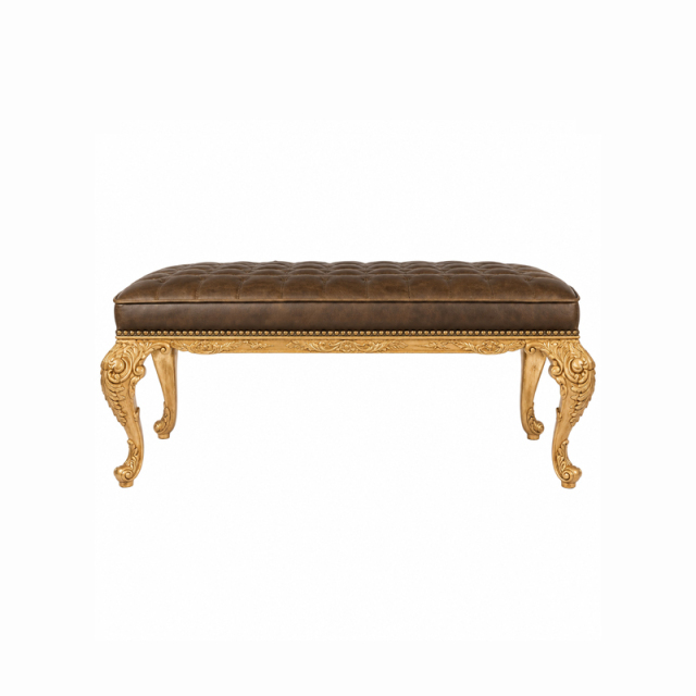 Valmont Gilt Tufted Leather Bed Bench | French Classical Bed-End Bench with Carved Acanthus Legs - EKAR,MY SHOP,Valmont Gilt Tufted Leather Bed Bench | French Classical Bed-End Bench with Carved Acanthus Legs - EKAR,foshan furniture factory,custom Furniture factory,china furniture factory