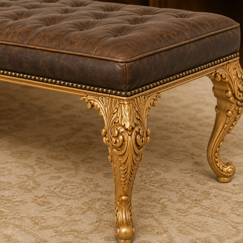 Valmont Gilt Tufted Leather Bed Bench | French Classical Bed-End Bench with Carved Acanthus Legs - EKAR,MY SHOP,Valmont Gilt Tufted Leather Bed Bench | French Classical Bed-End Bench with Carved Acanthus Legs - EKAR,foshan furniture factory,custom Furniture factory,china furniture factory