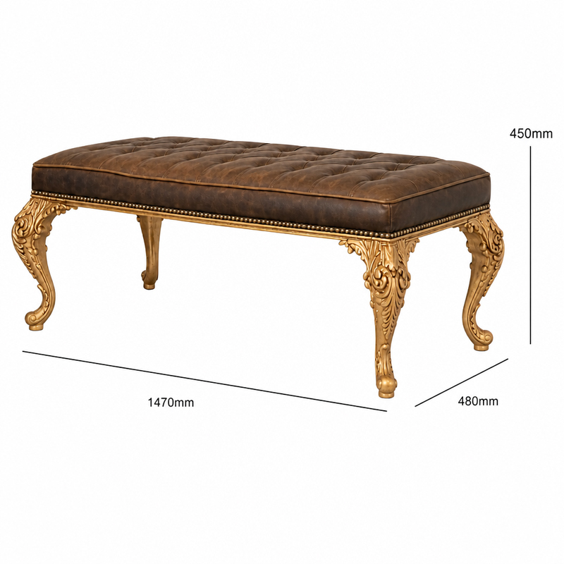 Valmont Gilt Tufted Leather Bed Bench | French Classical Bed-End Bench with Carved Acanthus Legs - EKAR,MY SHOP,Valmont Gilt Tufted Leather Bed Bench | French Classical Bed-End Bench with Carved Acanthus Legs - EKAR,foshan furniture factory,custom Furniture factory,china furniture factory