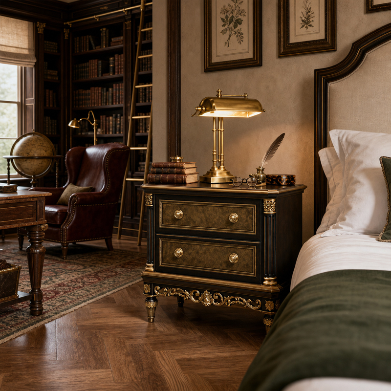 Nocturne Gilt Espresso Nightstand | Ornate French Classical Bedside Chest with Gold Scroll Apron - EKAR,MY SHOP,Nocturne Gilt Espresso Nightstand | Ornate French Classical Bedside Chest with Gold Scroll Apron - EKAR,foshan furniture factory,custom Furniture factory,china furniture factory