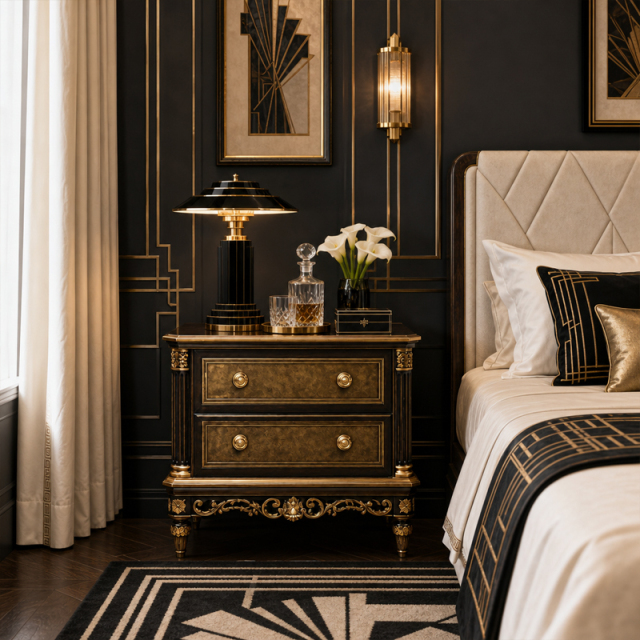 Nocturne Gilt Espresso Nightstand | Ornate French Classical Bedside Chest with Gold Scroll Apron - EKAR,MY SHOP,Nocturne Gilt Espresso Nightstand | Ornate French Classical Bedside Chest with Gold Scroll Apron - EKAR,foshan furniture factory,custom Furniture factory,china furniture factory