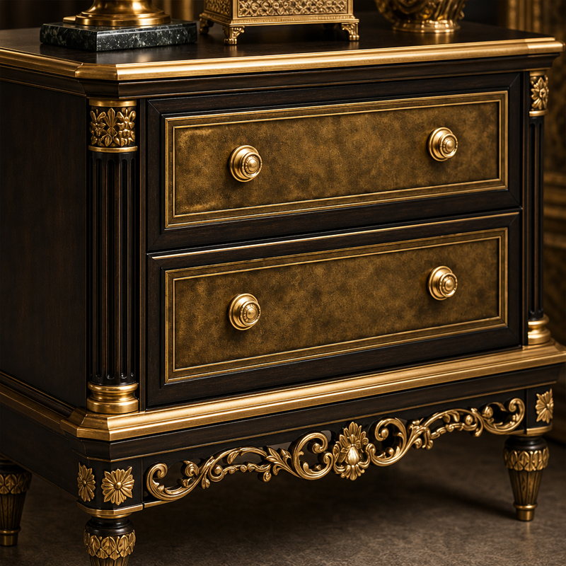 Nocturne Gilt Espresso Nightstand | Ornate French Classical Bedside Chest with Gold Scroll Apron - EKAR,MY SHOP,Nocturne Gilt Espresso Nightstand | Ornate French Classical Bedside Chest with Gold Scroll Apron - EKAR,foshan furniture factory,custom Furniture factory,china furniture factory