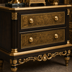 Nocturne Gilt Espresso Nightstand | Ornate French Classical Bedside Chest with Gold Scroll Apron - EKAR,MY SHOP,Nocturne Gilt Espresso Nightstand | Ornate French Classical Bedside Chest with Gold Scroll Apron - EKAR,foshan furniture factory,custom Furniture factory,china furniture factory