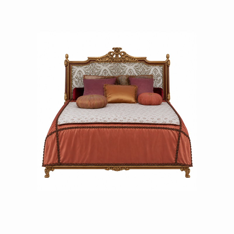 Rocaille Gilded Damask Bed | French Rococo Upholstered Bed with Carved Shell Crest - EKAR FURNITURE,EKAR FURNITURE CO.,LTD,Rocaille Gilded Damask Bed | French Rococo Upholstered Bed with Carved Shell Crest - EKAR FURNITURE,foshan furniture factory,custom Furniture factory,china furniture factory