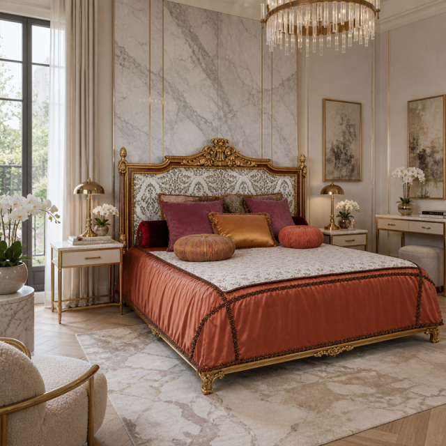 Rocaille Gilded Damask Bed | French Rococo Upholstered Bed with Carved Shell Crest - EKAR FURNITURE,EKAR FURNITURE CO.,LTD,Rocaille Gilded Damask Bed | French Rococo Upholstered Bed with Carved Shell Crest - EKAR FURNITURE,foshan furniture factory,custom Furniture factory,china furniture factory