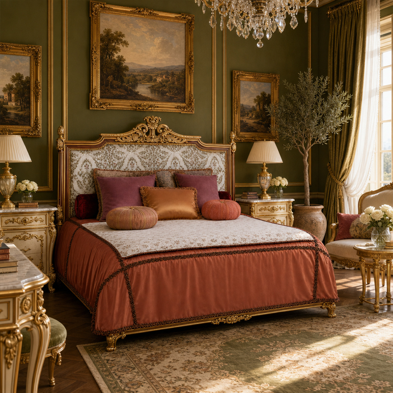 Rocaille Gilded Damask Bed | French Rococo Upholstered Bed with Carved Shell Crest - EKAR FURNITURE,EKAR FURNITURE CO.,LTD,Rocaille Gilded Damask Bed | French Rococo Upholstered Bed with Carved Shell Crest - EKAR FURNITURE,foshan furniture factory,custom Furniture factory,china furniture factory