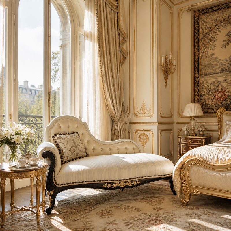Valmorel Ebonised and Gilt Chaise Lounge | Classical French Récamier Chaise Longue for Luxury Bedrooms - EKAR,EKAR FURNITURE CO.,LTD,Valmorel Ebonised and Gilt Chaise Lounge | Classical French Récamier Chaise Longue for Luxury Bedrooms - EKAR,foshan furniture factory,custom Furniture factory,china furniture factory