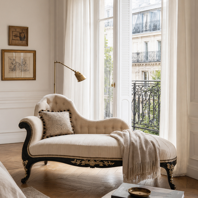 Valmorel Ebonised and Gilt Chaise Lounge | Classical French Récamier Chaise Longue for Luxury Bedrooms - EKAR,EKAR FURNITURE CO.,LTD,Valmorel Ebonised and Gilt Chaise Lounge | Classical French Récamier Chaise Longue for Luxury Bedrooms - EKAR,foshan furniture factory,custom Furniture factory,china furniture factory