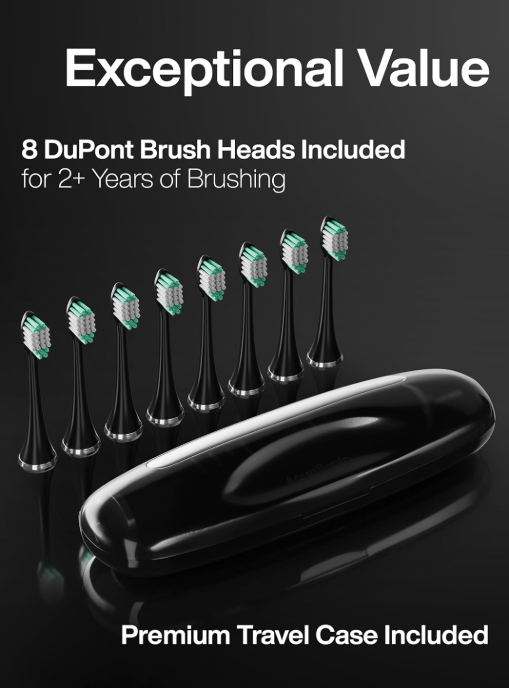 Aquasonic Black Series Ultra Whitening Toothbrush - ADA Approved Electric Toothbrush - 8 Brush Heads and Travel Box - 40,000 VPM Electric Motor and Wireless Charging - 4 Modes with Smart Timer
